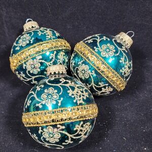 3 Krebs Glass Christmas Ornaments Floral Filigree Baroque Style Teal‎ Green Gold